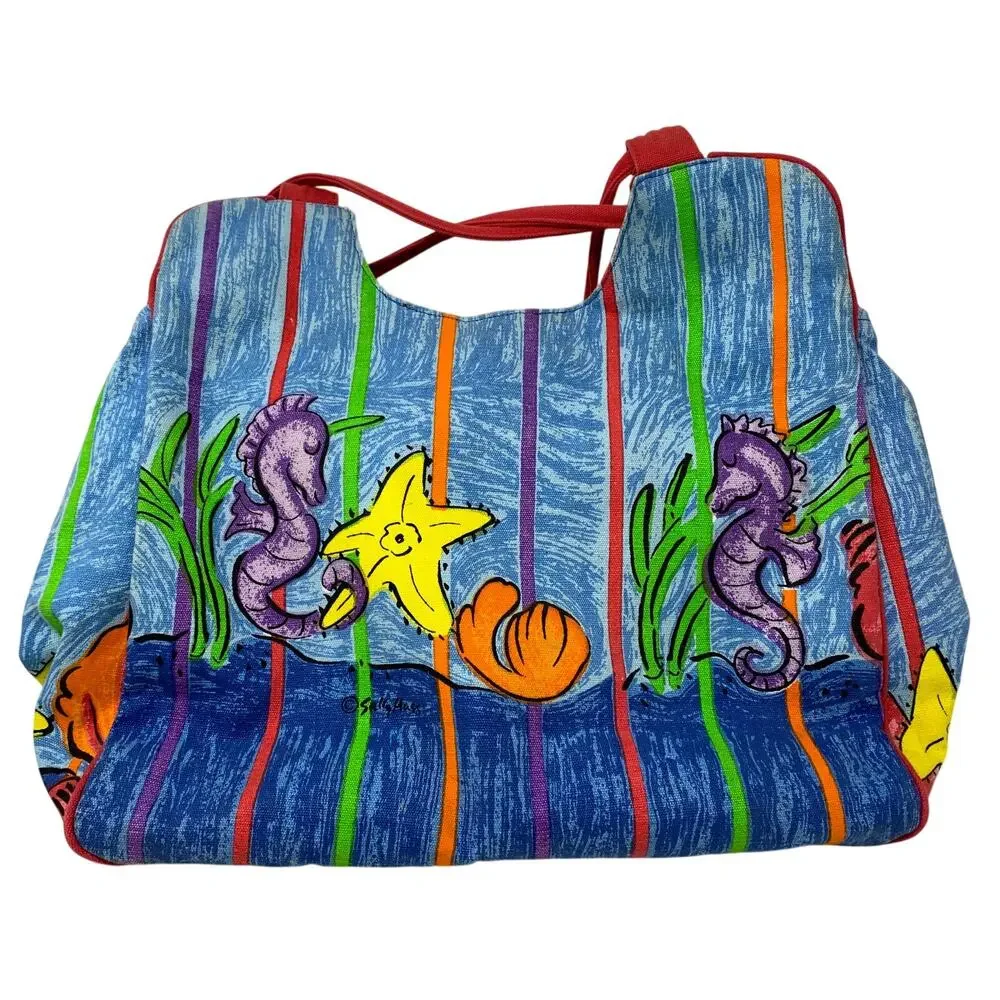 Sally Huss Seahorse Canvas Tote Bag Ocean Beach Shoulder Purse Whimsical Art VTG